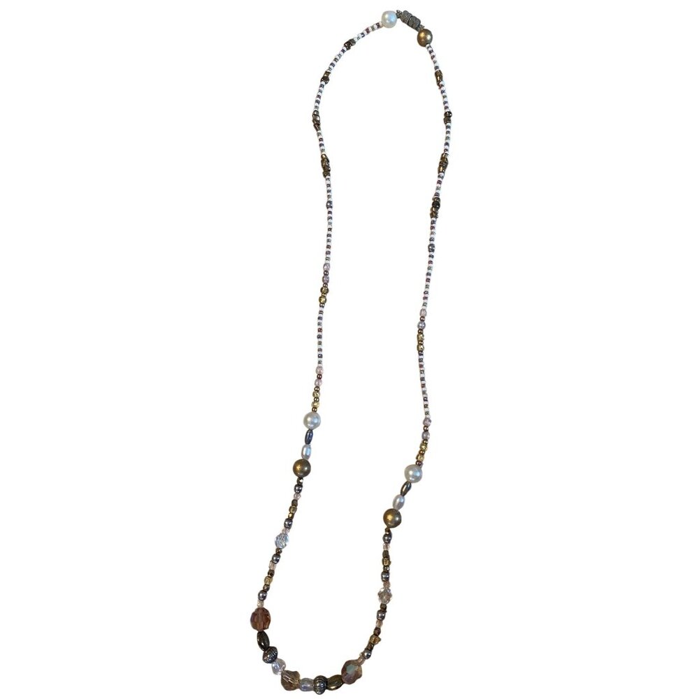 Handcrafted Beaded Necklace With Iridescent & Metallic Accents Pearls & Crystals